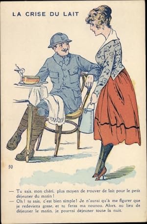 Ansichtskarte / Postkarte Mann in Uniform am Tisch, Frau mit Milchkanne, La Crise du Lait