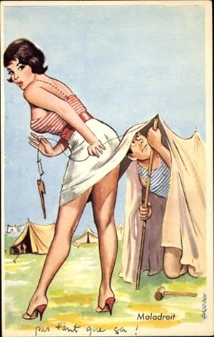 Ansichtskarte / Postkarte Maladroit, Mann hebt mit Zeltstange Rock einer Frau