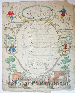 [Kermis Brief / Fair Wish Card, 1790] Pieter Sijmons Olie. Hand colored wishcard with a village s...