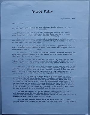 Grace Paley. War Resisters League Promotional Letter