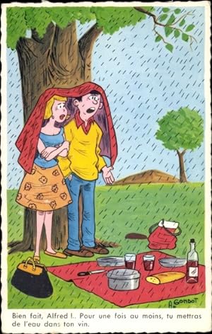 Künstler Ansichtskarte / Postkarte Gondot, Paar sucht Schutz vor dem Regen unter einem Baum, Pick...