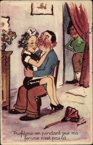 Künstler Ansichtskarte / Postkarte Dienstmädchen auf dem Schoss des Hausherren, Ehefrau