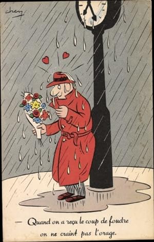 Ansichtskarte / Postkarte Quand on a recu le coup de foudre, verliebter Mann wartet im Regen