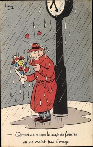 Ansichtskarte / Postkarte Verliebter Mann wartet im Regen, Quand on a recu le coup de foudre