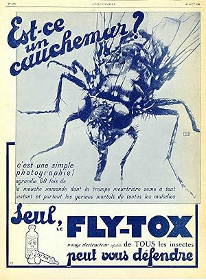 "FLY-TOX" Annonce originale entoilée parue dans L' ILLUSTRATION du 25/08/1928 et illustrée par LOBRY