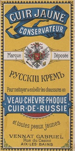 "CUIR JAUNE CONSERVATEUR VENNAT GABRIEL" Etiquette-chromo originale (entre 1890 et 1900)