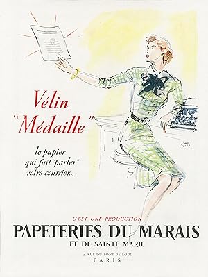 "PAPETERIES DU MARAIS ET DE SAINTE MARIE" Annonce originale entoilée illustrée par Pierre PAGÈS e...