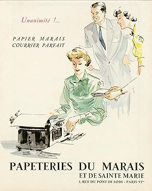 "PAPETERIES DU MARAIS ET DE SAINTE MARIE" Annonce originale entoilée illustrée par Pierre PAGÈS e...