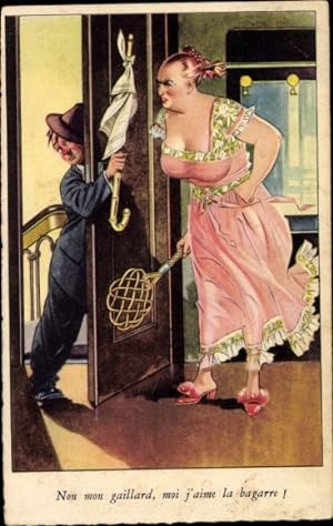 Ansichtskarte / Postkarte Wütende Ehefrau wartet mit Teppichklopfer auf betrunkenen Ehemann