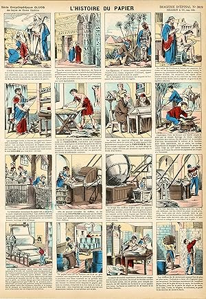 "L'HISTOIRE DU PAPIER" Imagerie d'Epinal originale n° 3819 entoilée / Gravure sur bois et colorié...