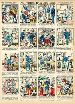 "L'HISTOIRE D'UN JOURNAL" Imagerie d'Epinal originale n° 3821 entoilée / Gravure sur bois et colo...