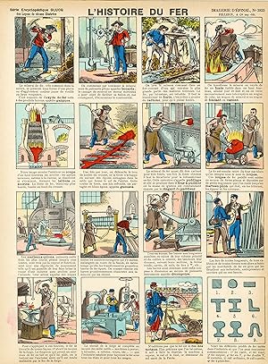 "L'HISTOIRE DU FER" Imagerie d'Epinal originale n° 3823 entoilée / Gravure sur bois et coloriée a...