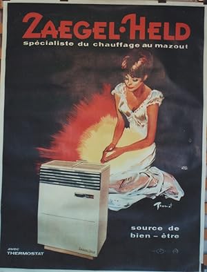 "CHAUFFAGE ZAEGEL-HELD" Affiche originale entoilée / Offset BRENOT 1962 / Imp. DE LA VASSELAIS Paris