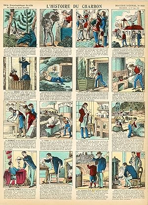 "L'HISTOIRE DU CHARBON" Imagerie d'Epinal originale n° 3822 entoilée / Gravure sur bois et colori...