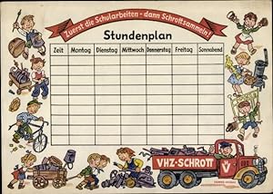 Stundenplan DDR VHZ Schrott, Verlag Dewag Dessau, erst Schularbeiten dann Schrott sammeln um 1960