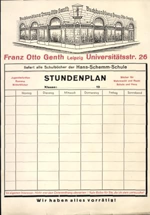 Stundenplan Buchhandlung Franz Otto Genth, Leipzig, Universitätsstr. 46, Hans-Schwemm-Schule um 1930