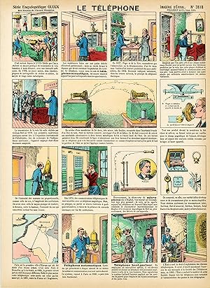 "LE TÉLÉPHONE" Imagerie d'Epinal originale n° 3818 entoilée / Gravure sur bois et coloriée au poc...