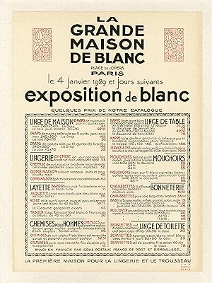 "LA GRANDE MAISON DE BLANC" Exposition le 4 Janvier 1929 / Affichette d'intérieur originale entoi...