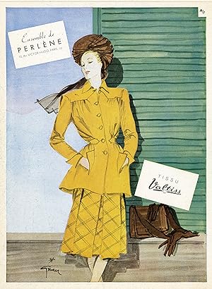 "ENSEMBLE de PERLÈNE / TISSU VALTISS" Annonce originale entoilée illustrée par GRUAU (PLAIRE 1945)