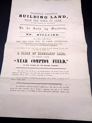 Leek Stafforshire. Sale of Housing Land in 1848 "Near Compton Field" To be sold by Mr Hiliard at ...