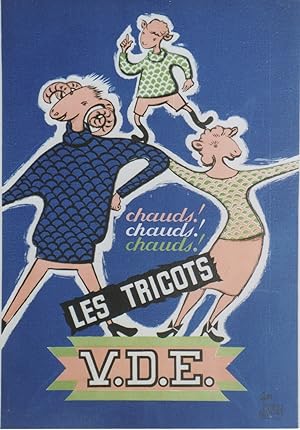 "TRICOTS V.D.E." Affiche originale entoilée / Litho par Théo SCHMIED / PUBLI BJET Paris (années 50)