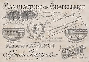 "MANUFACTURE DE CHAPELLERIE MANGINOT Toul" Etiquette-chromo originale (entre 1890 et 1900)