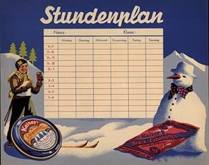 Stundenplan Reklame Kaiser's Brust Caramellen, Blechdose, Schneemann, Ski um 1930