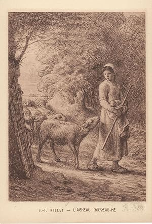 JF Millet L'Agneau Nouveau Female Farming Antique Painting Postcard