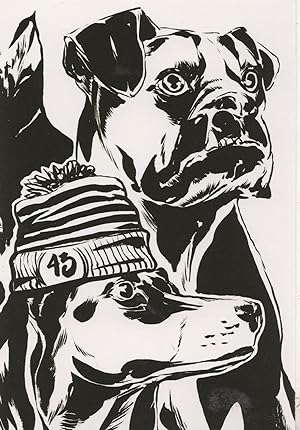 Angry Bulldog & Wooly Hat Dog Painting Postcard