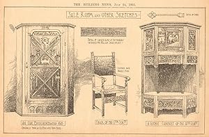 Sale room and other sketches - Chair of the 17th cent, leather back bronze studs, an oak Escoignu...