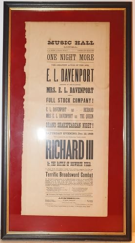[Broadside] Richard III, or The Battle of Bosworth Field. Music Hall, Lowell. One Night More. The...