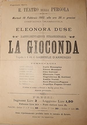 [Broadside] La Gioconda. Tradedia in 4 Atti di Gabriele D'Annunzio Eleonora Duse. Rappresentazion...