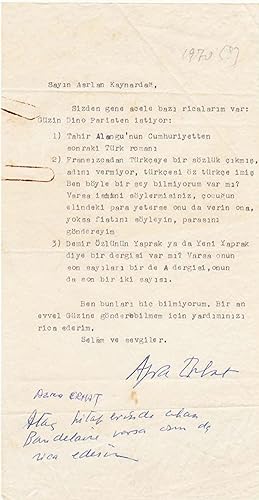 Autograph letter signed 'Azra Erhat' addressed to 'Arslan Kaynardag'.