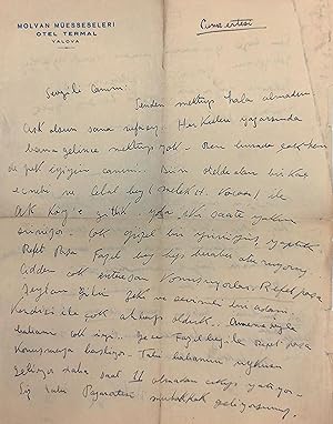 Autograph letter signed 'Sükriye', telling her trip in Yalova city with her father Cafer Fahri Be...
