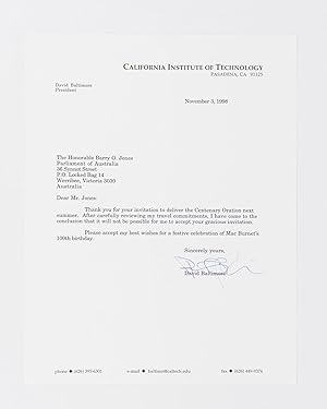 A typed letter signed by David Baltimore to The Honorable Barry O. Jones, declining an invitation...