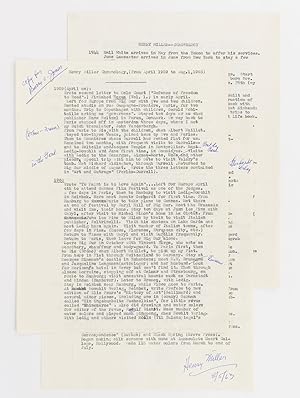 A typescript carbon copy of 'Henry Miller Chronology, from April 1959 to Aug. 1, 1963', signed an...