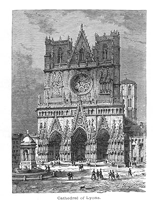 CATHEDRAL OF LYONS on Place Saint-Jean in central Lyon,IN FRANCE,1887 Wood Engraved Historical Print