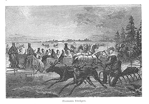 VARIOUS RUSSIAN SLEDGES PULLED BY HORSES AND REINDEER,1887 Wood Engraved Historical Print