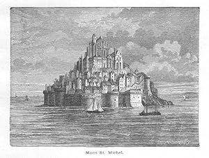 MONT ST MICHEL,on a tidal island in Brittany, France,1887 Wood Engraved Historical Print