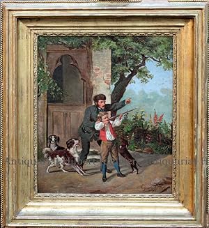 "Der junge Jäger". Ölbild auf Leinwand mit Rahmen, signiert und datiert 1865.