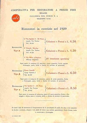 ABC. Cooperativa per ristoratori a prezzi fissi Milano. Ristoratori in esercizio nel 1929 (foglio...