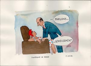 Conférence de Presse. Parlons - Sérieusement. Original watercolor from a series "François Mitterr...
