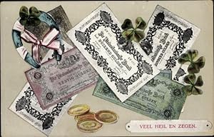Ansichtskarte / Postkarte Veel Heil en Zegen, Kleeblätter, Münzen, Geldscheine, Hufeisen