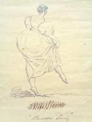 Early 19th century ink sketch a dancing female with the sexist title "Ponderous Lovely" unframed ...