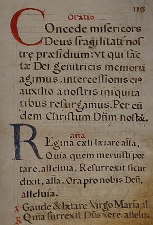 "Oratio Deus qui .". Handschrift auf Pergament aus einem Antiphonar oder Missale oder ähnliches.