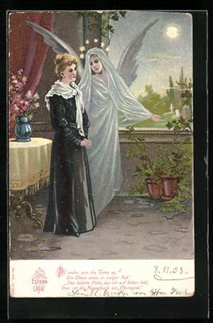 Ansichtskarte Engel nebst schwarz-gekleideter Frau, Trauer