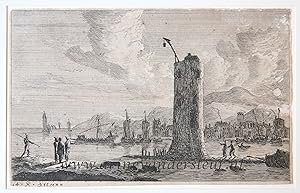 [Antique print, etching] Harbour scene with a tower, published in or after 1656.