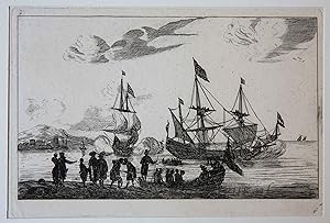 [Antique print, etching] Harbour scene with a sloop and men on a landing-place, published after 1...