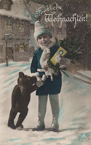 German Antique Walking Teddy Bear Christmas Greetings Old Postcard