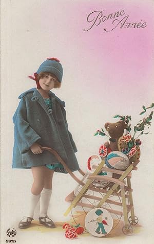 Teddy Bear On High Chair Antique Tinted New Year Greetings Postcard